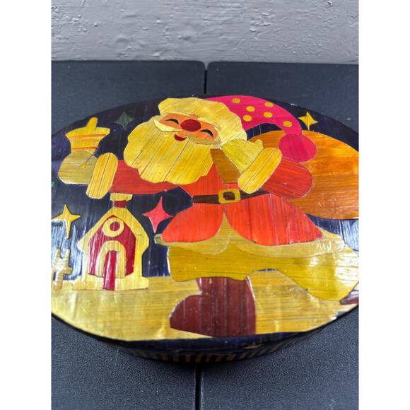 Vtg Santa Trinket Box Lamenated Night Stars Black Stripes Keepsake - Picture 6 of 8